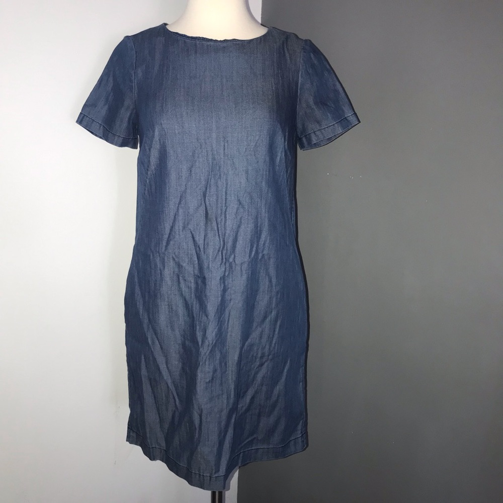 Boden Short Sleeve Dark Wash Denim Jean Shift Dress Back Zipper Side Pockets